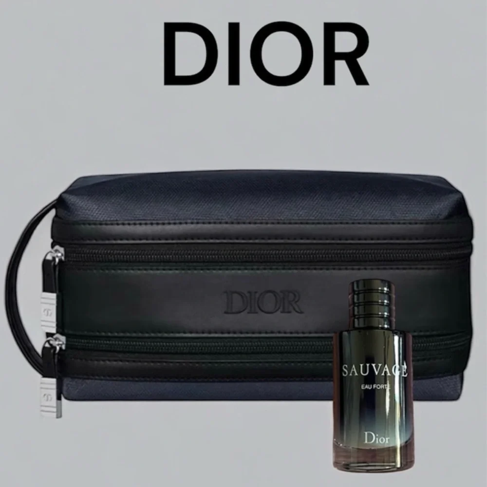 DIOR MEN'S BLUE & BLACK DOUBLE ZIP COSMETIC TROUSSE POUCH TOILETRY BAG SAUVAGE